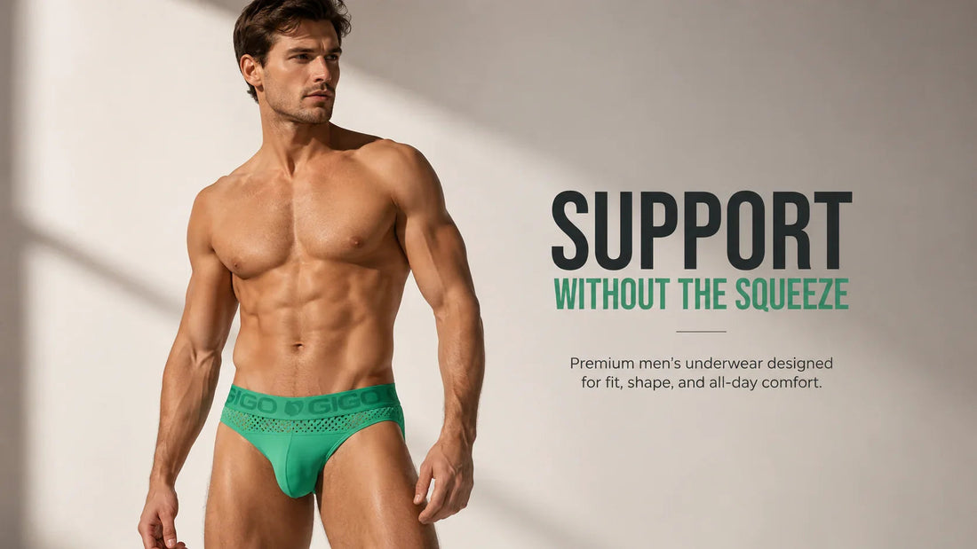 Male model wearing green Gigo men’s support underwear in a horizontal editorial studio banner with the text “Support Without the Squeeze,” showing premium fit, shape, and all-day comfort.