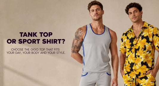 Two models, one in a gray tank with blue trim and one in a yellow floral shirt, beside the words Tank Top or Sport Shirt.