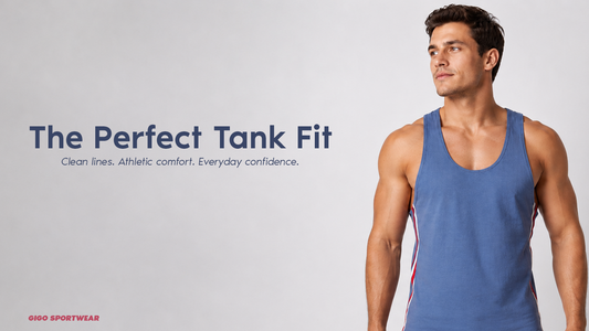 Adult male model wearing a fitted Gigo men’s tank top with clean shoulder framing, modern athletic styling, and a sharp premium look.