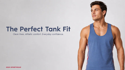 Adult male model wearing a fitted Gigo men’s tank top with clean shoulder framing, modern athletic styling, and a sharp premium look.