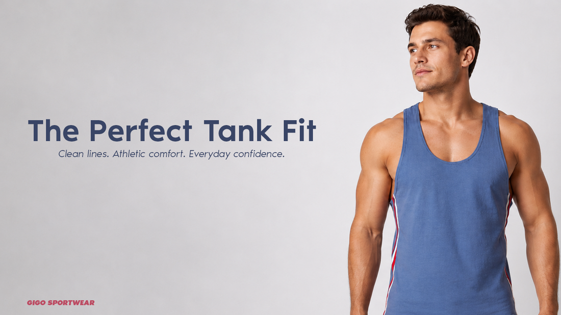 Adult male model wearing a fitted Gigo men’s tank top with clean shoulder framing, modern athletic styling, and a sharp premium look.