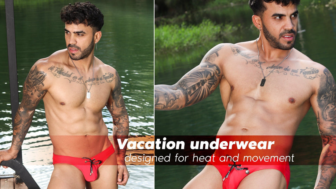 Men wearing lightweight underwear and swim briefs at a beach destination by Gigo Underwear