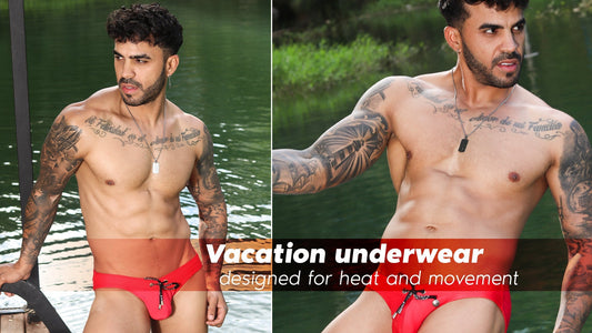 Men wearing lightweight underwear and swim briefs at a beach destination by Gigo Underwear