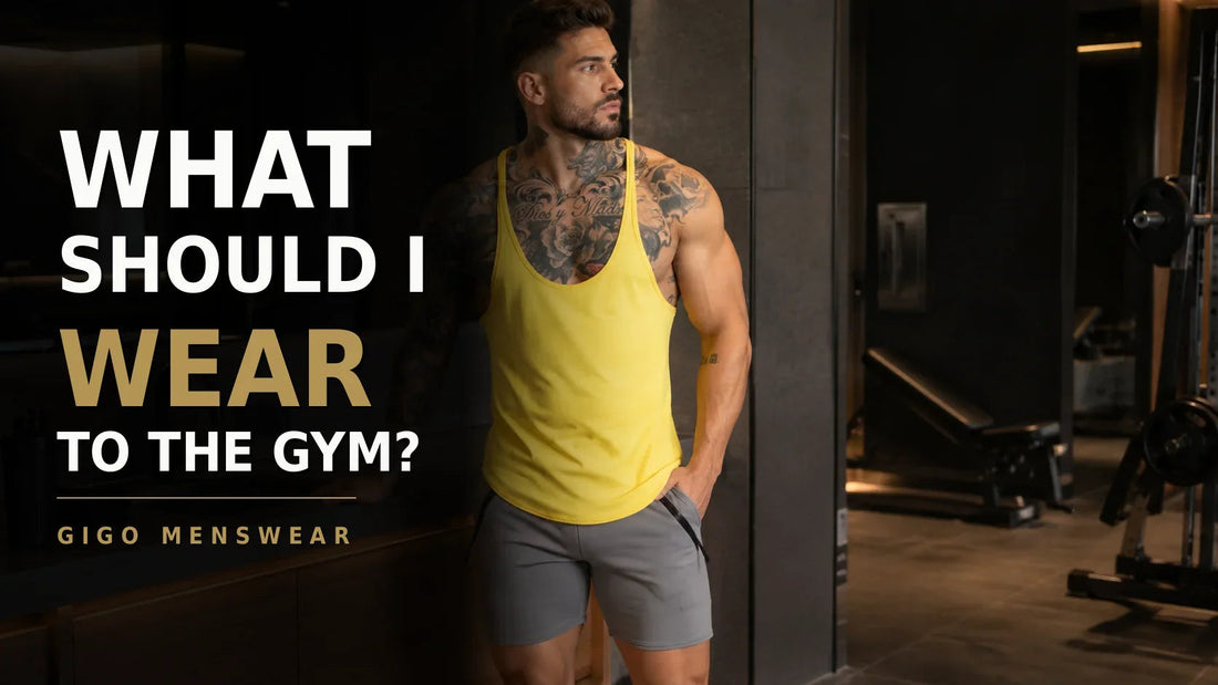 Gigo Menswear gym outfit cover with model wearing a yellow tank top and gray sport shorts for a men's gym style guide