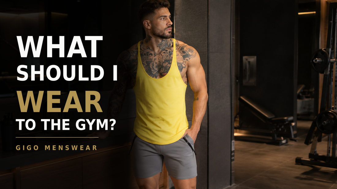 Gigo Menswear gym outfit cover with model wearing a yellow tank top and gray sport shorts for a men's gym style guide