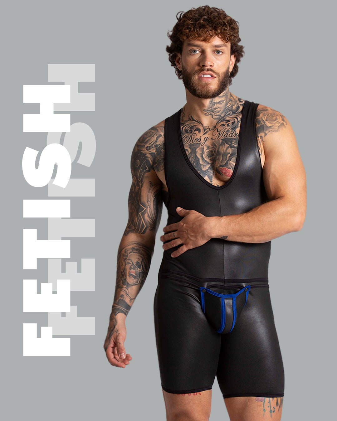Model wearing Gigo Underwear black coated bodywear with blue trim