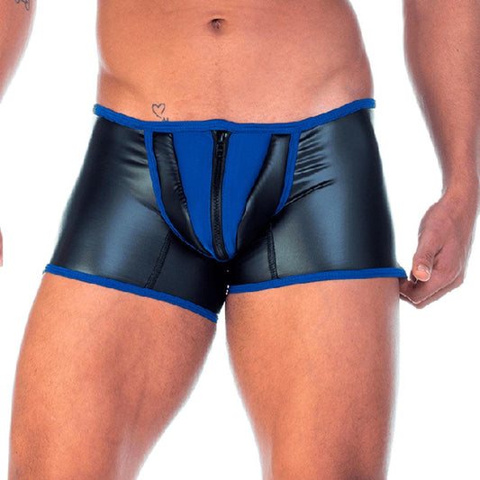2 FETICHE BLUE ZIPPER TRUNK - Sexy black leather underwear for men. Boxer for men with front closure.