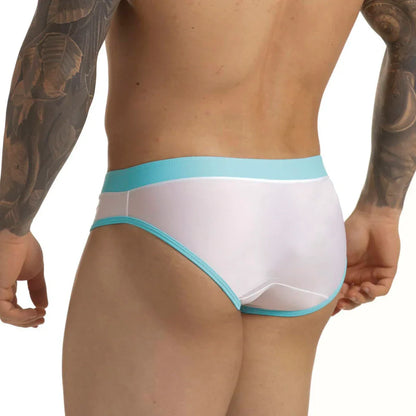 Active White Blue Swim Brief front view by Gigo Underwear