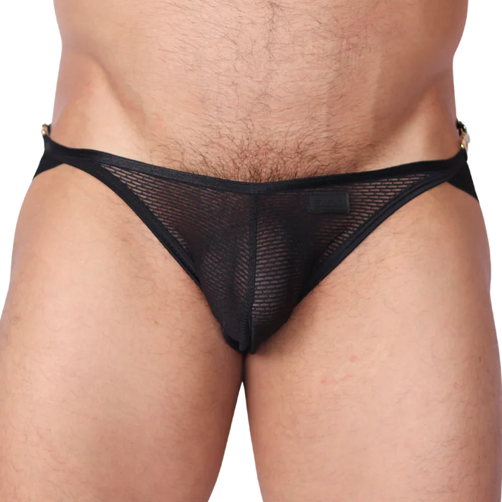 Front view of the Anwar Black Jock Thong with a black mesh panel and narrow side straps.