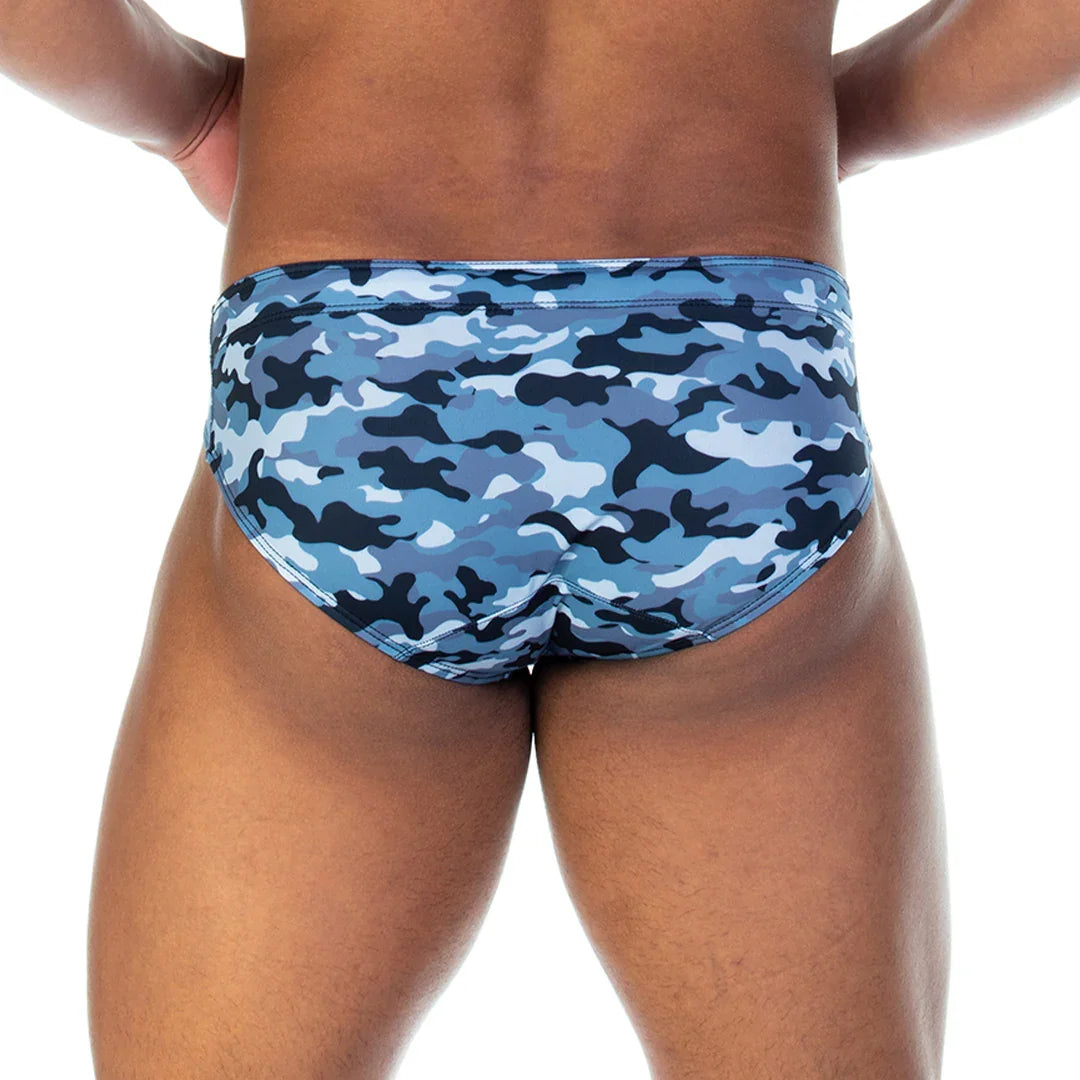 Camo Black Swim Brief front view by Gigo Underwear