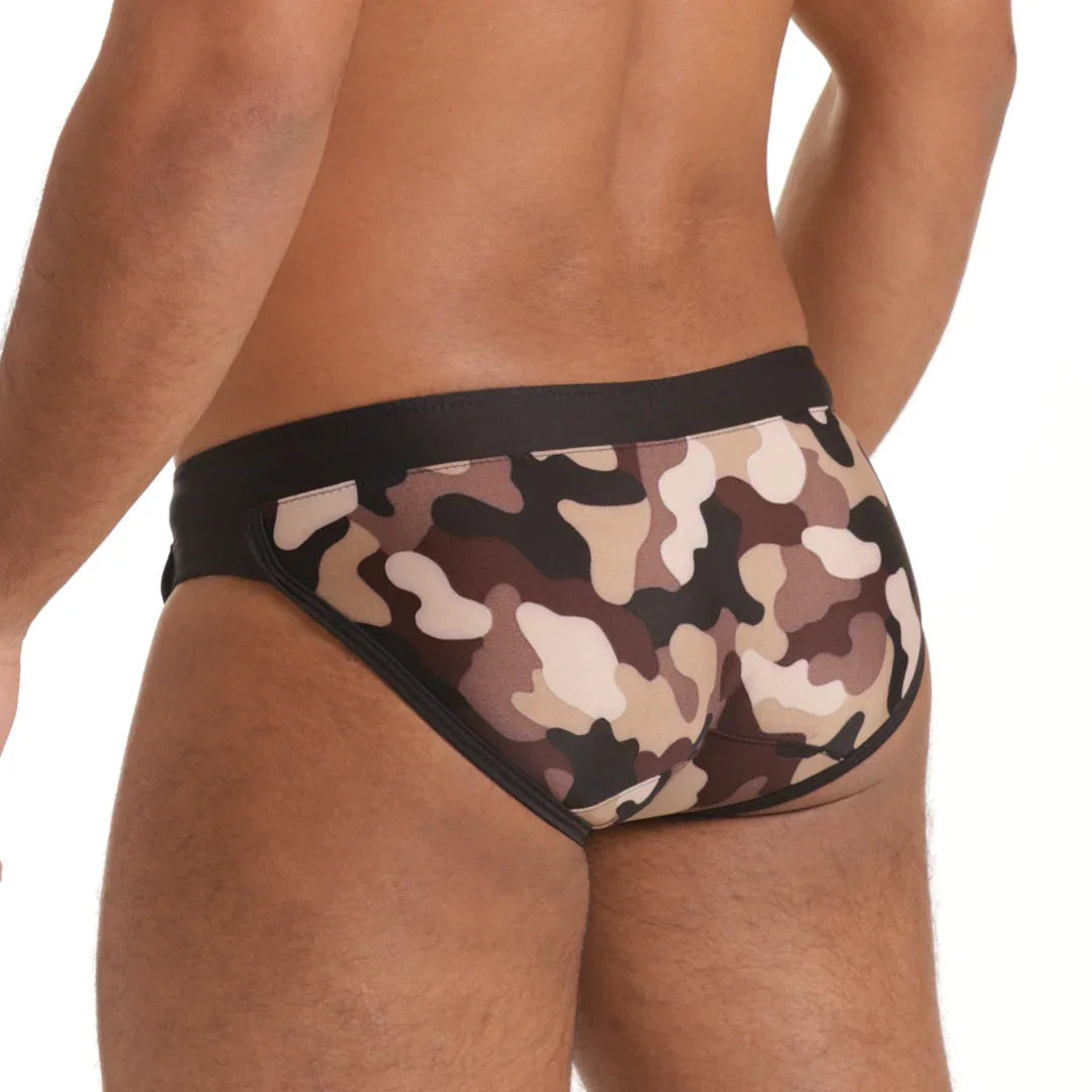 Combat Brown Swim Brief front view by Gigo Underwear