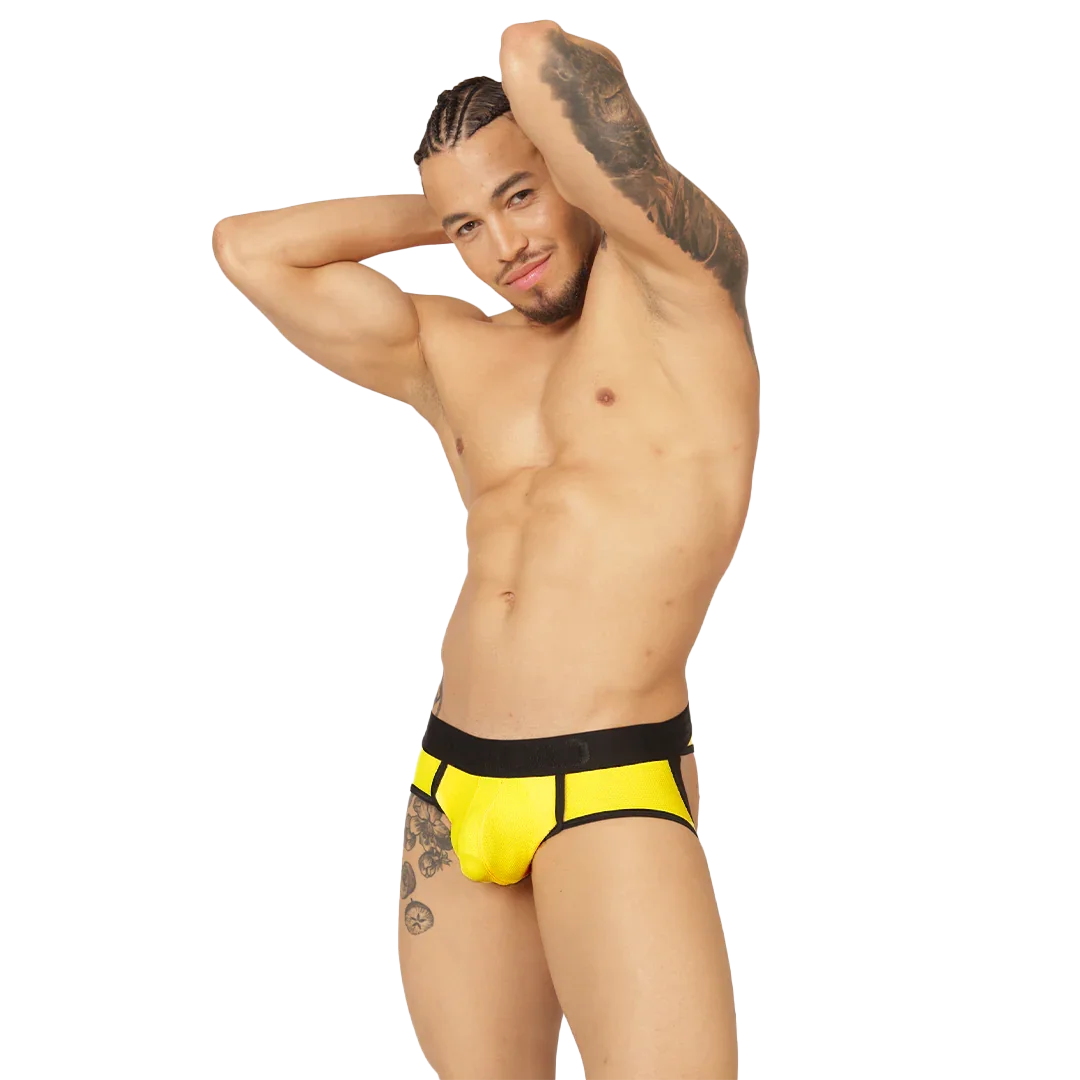 Cool Yellow Jock Thong on model by Gigo Underwear