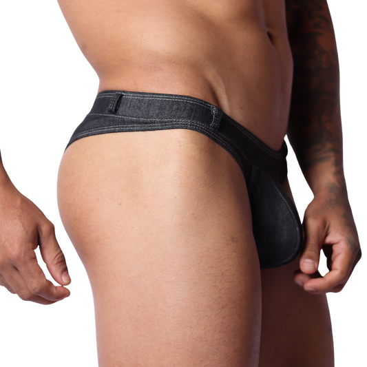 Denim Black Thong front view by Gigo Underwear