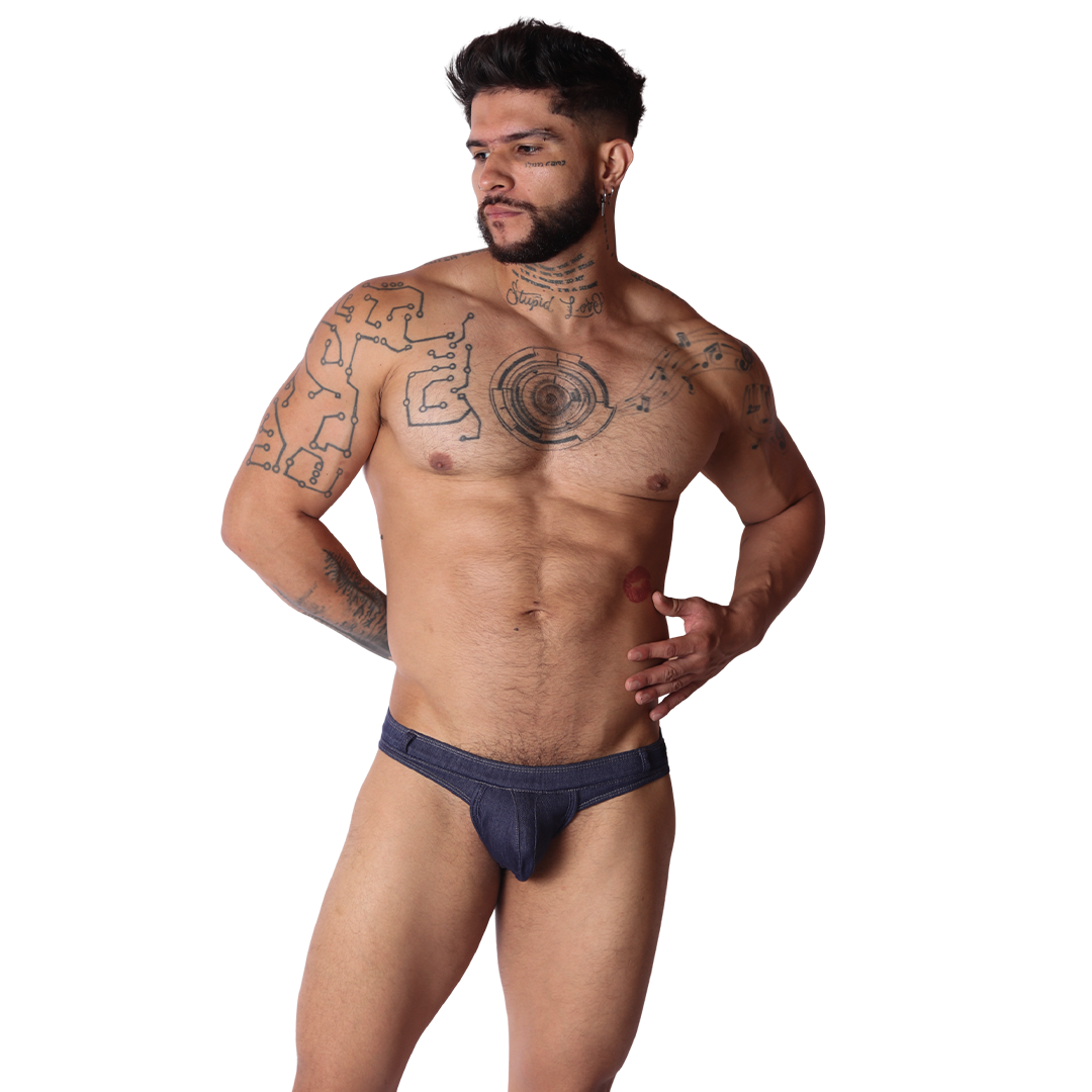 Denim Blue Thong on model by Gigo Underwear