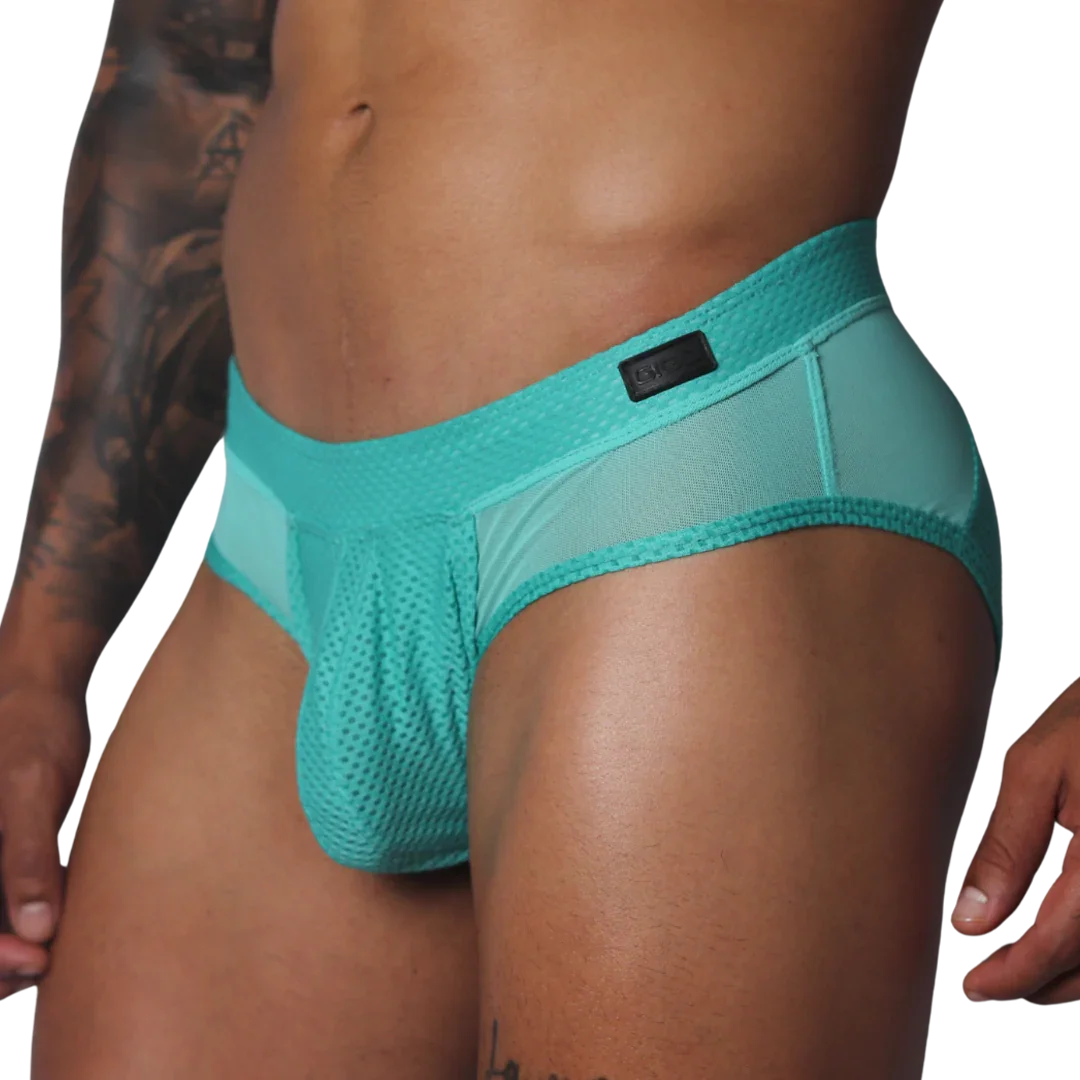 Evocative Aqua Brief front view by Gigo Underwear