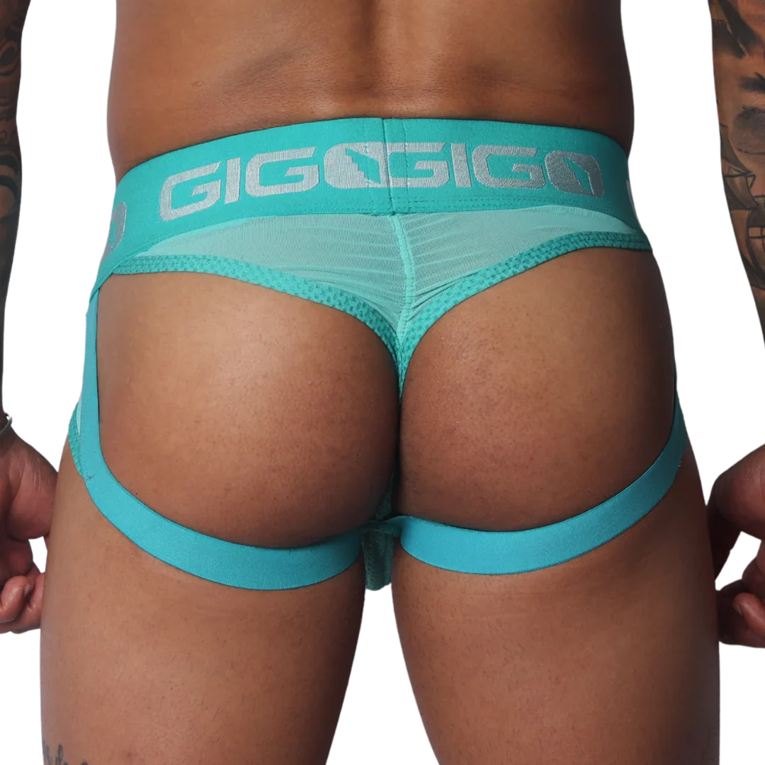 Evocative Aqua Jock Thong back view by Gigo Underwear