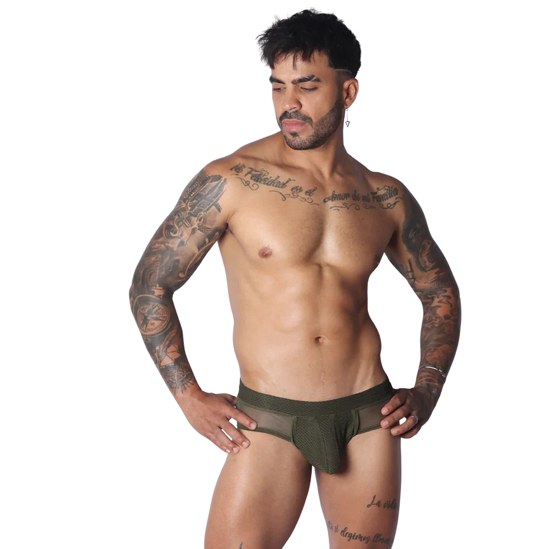 Evocative Green Brief on model by Gigo Underwear