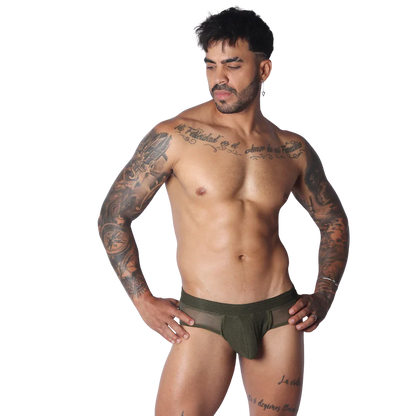 Evocative Green Brief on model by Gigo Underwear