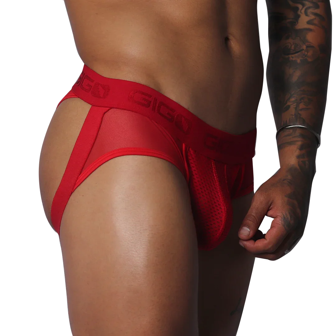 Evocative Red Jock Thong front view by Gigo Underwear