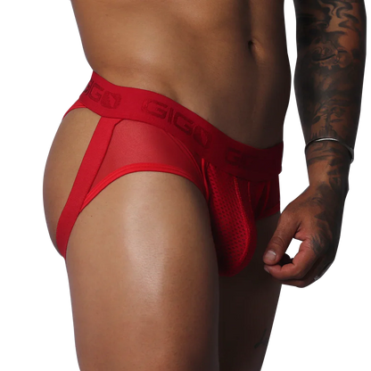 Evocative Red Jock Thong front view by Gigo Underwear