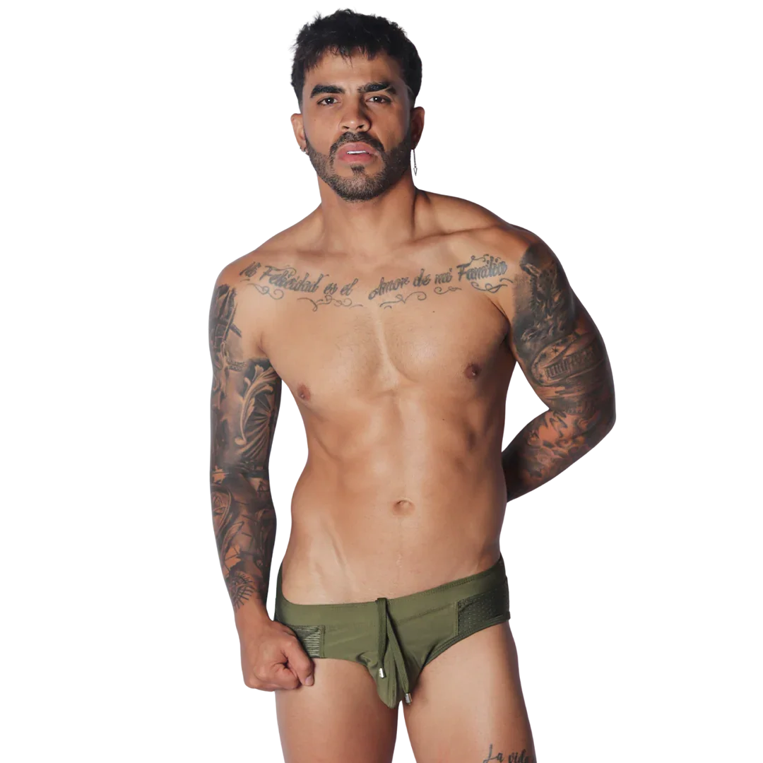 Exit Green Swim Brief on model by Gigo Underwear