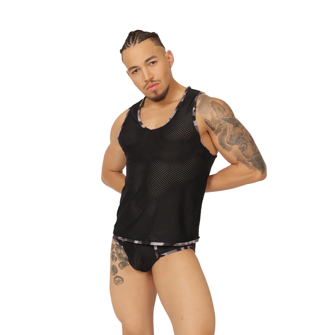 Feeling Black Tank on model by Gigo Underwear