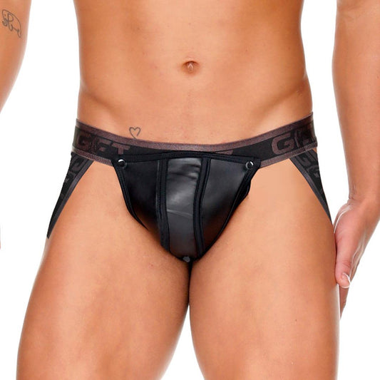FETISH BLACK JOCKSTRAP - Sexy black leather type jockstrap for men with detachable front cup