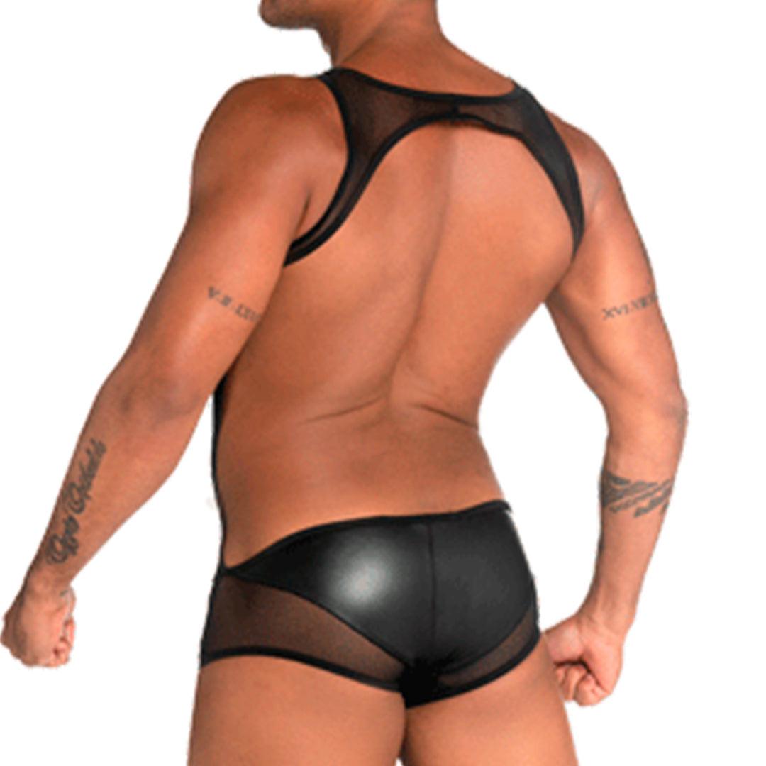 FETICHE BLACK SINGLET - Sexy one-piece bodysuit for men made of leather-like fabric, with detachable front cup.