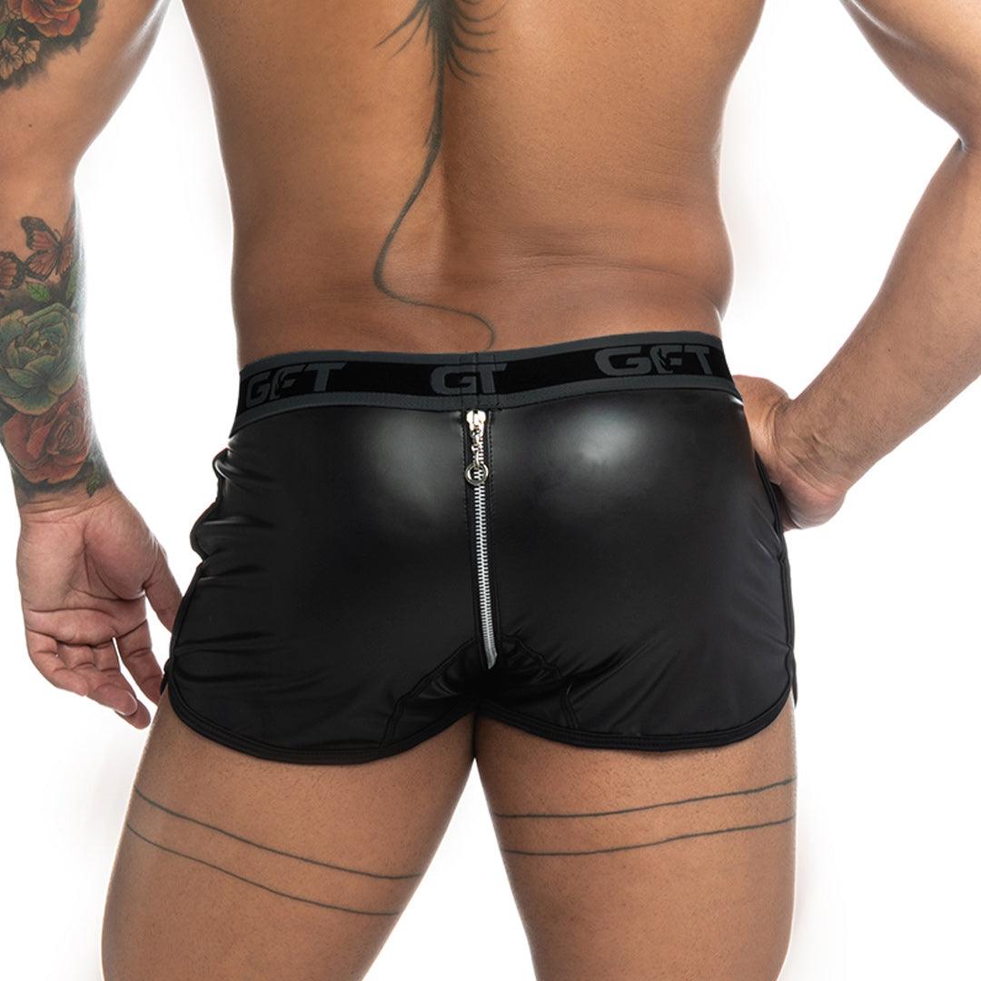 FETICHE BLACK ZIPPER SHORT - Sexy black leather shorts for men. Men's shorts with zipper from end to end