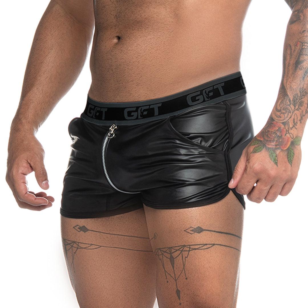 FETICHE BLACK ZIPPER SHORT - Sexy black leather shorts for men. Men's shorts with zipper from end to end