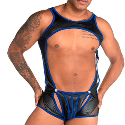 FETICHE BLUE SINGLET - Sexy one-piece bodysuit for men made of leather-like fabric, with detachable front cup.