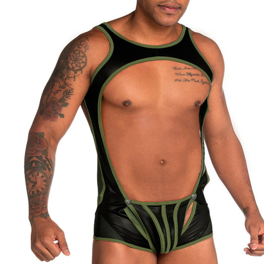 FETICHE GREEN SINGLET - Sexy one-piece bodysuit for men made of leather-like fabric, with detachable front cup.