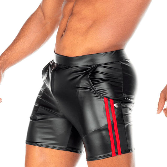 2 FETICHE RED SHORT - Men's black leather shorts