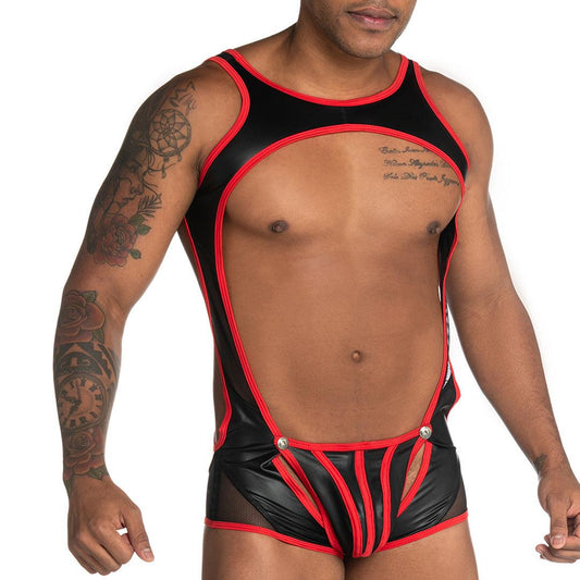 FETICHE RED SINGLET - Sexy one-piece bodysuit for men made of leather-like fabric, with detachable front cup.