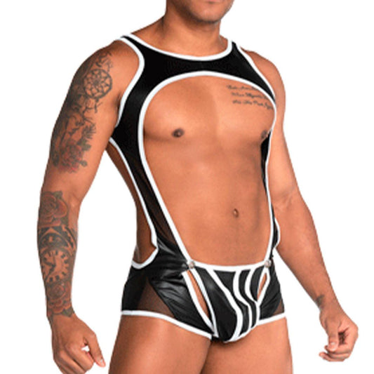FETICHE WHITE SINGLET - Sexy one-piece bodysuit for men made of leather-like fabric, with detachable front cup.