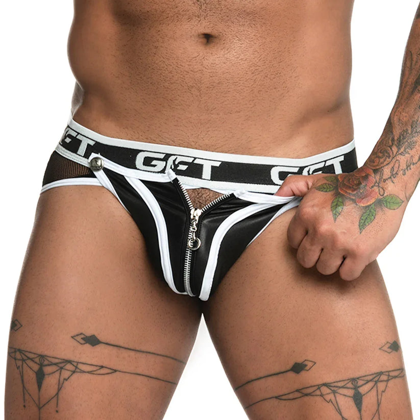 White men’s zipper brief jockstrap by Gigo showing a front opening, structured pouch and bold modern underwear design.