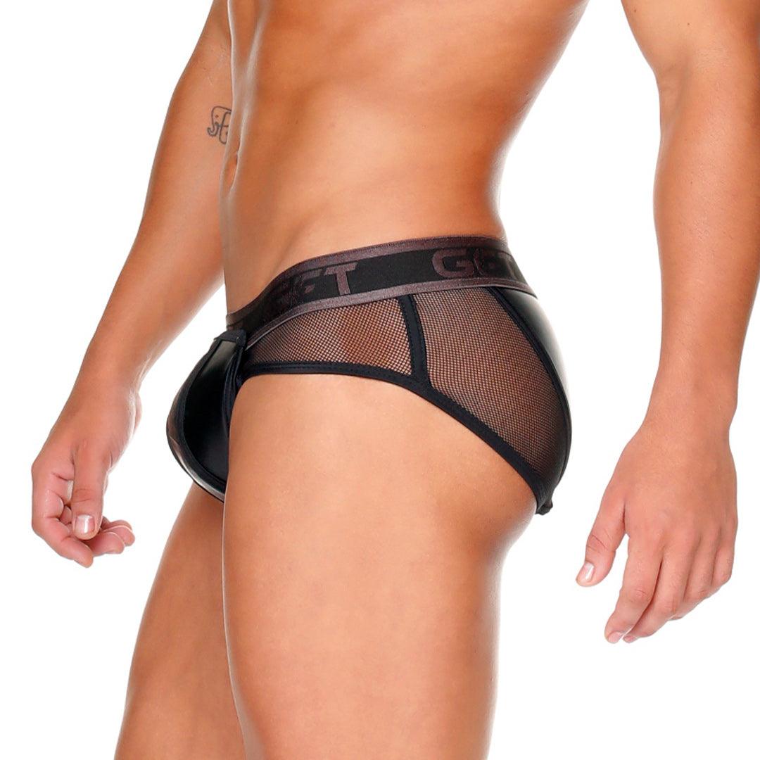 FETISH BLACK BRIEF - Sexy black leather underwear for men. Brief for men with removable cup