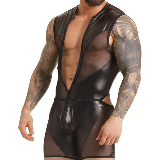 FETISH BODY - Sexy one-piece bodysuit for men with front zipper, made of leather-like fabric.