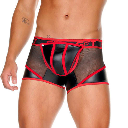 FETISH RED TRUNK - Sexy black leather boxer shorts for men