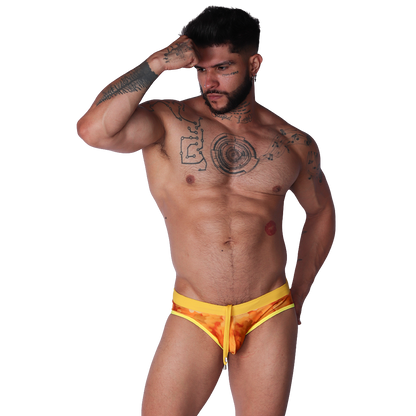 Floral Yellow Swim Brief on model by Gigo Underwear