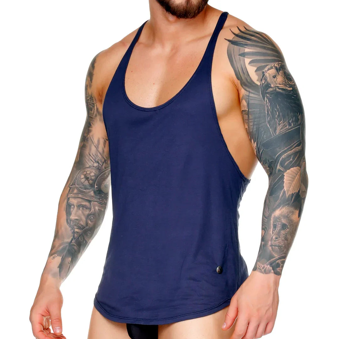 Forever Dark Blue Tank by Gigo Underwear showing a clean neckline and shoulder fit for men’s tank top styling