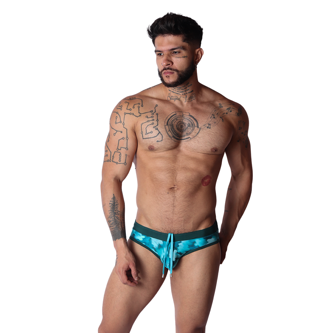 Floral Blue Swim Brief on model by Gigo Underwear