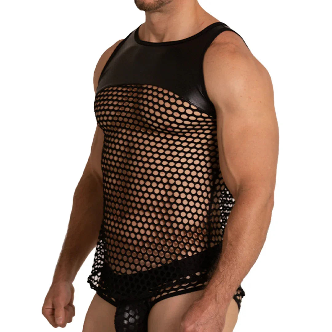 Hole Black Tank by Gigo Underwear showing a bold mesh men’s tank top with stronger fashion attitude