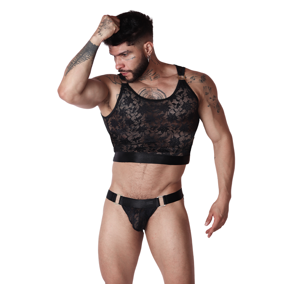 Illusion Black Crop Top on model by Gigo Underwear