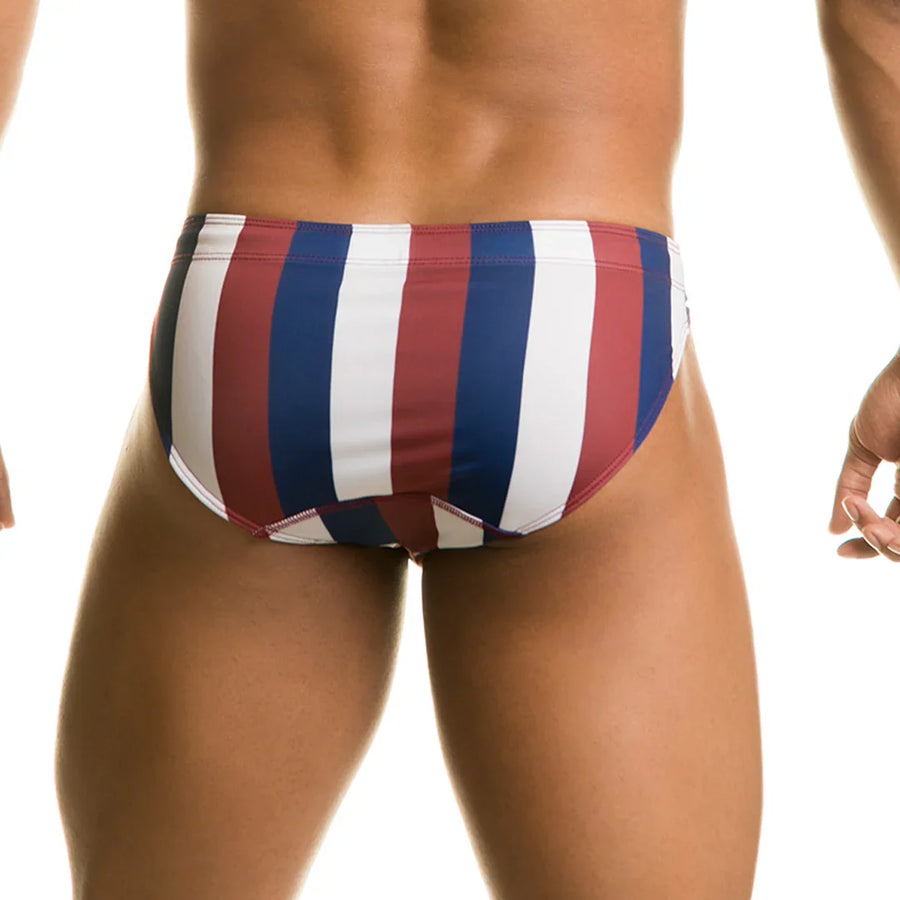 Back view of Gigo LINE SWIM BRIEF showing striped men’s swimwear with a smooth back fit and clean coverage