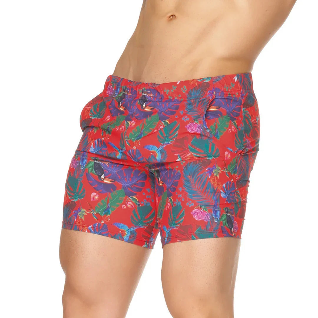 Macaws Red Beachwear front view by Gigo Underwear