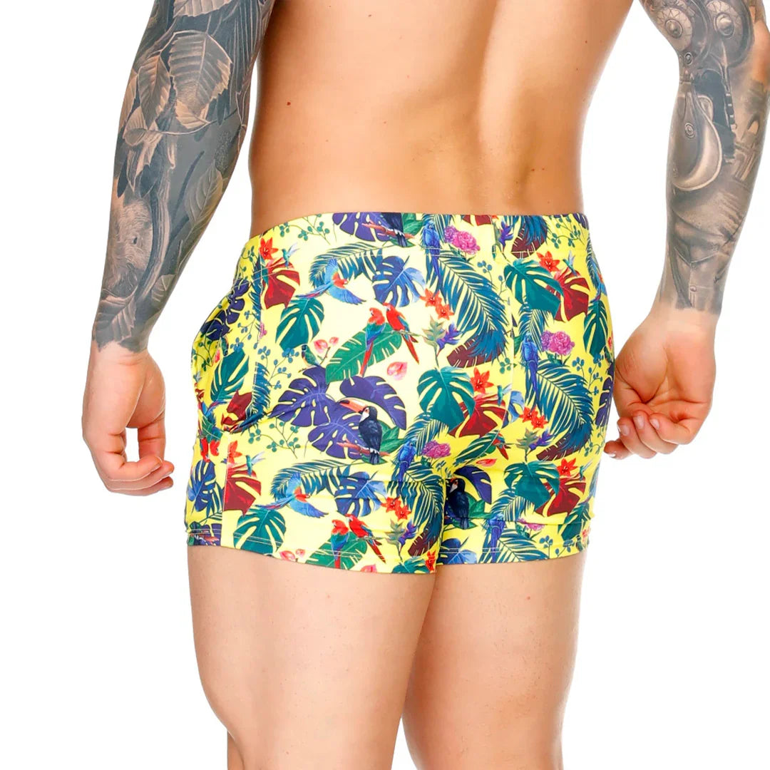 Macaws Yellow Beachwear front view by Gigo Underwear