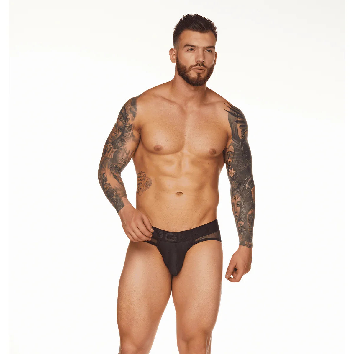 Male model wearing the Mediterranean Brief by Gigo Underwear, showing a black men’s support brief with clean front shape and premium fit.