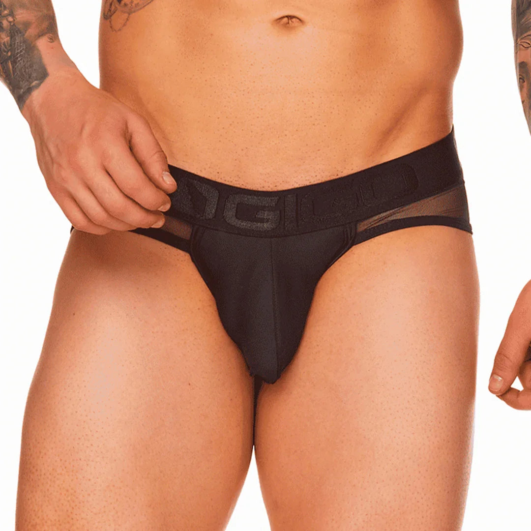 Front view of a black Gigo Mediterranean brief showing its pouch, branded waistband and side openings.