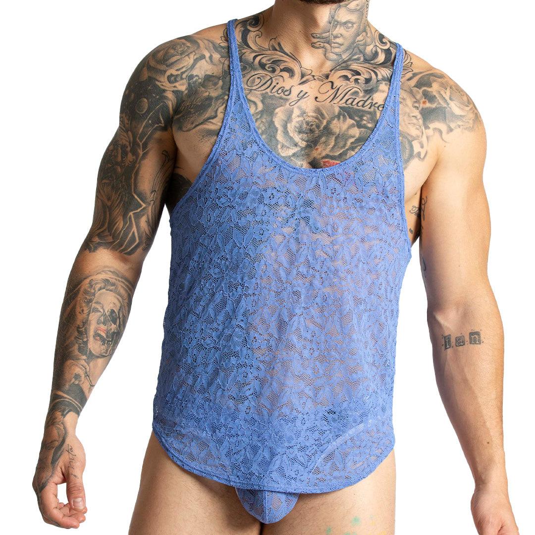 PARADISE BLUE TANK - Sexy blue lace t-shirt for men, sleeveless chemise